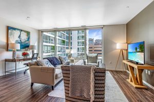A living room in an apartment building on an upper floor
