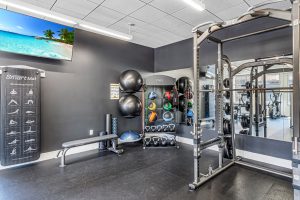 A gym with a squatting bar, stretching mat, yoga balls, kettlebell weights, and a TV mounted on the wall