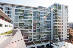 Exterior of a tall, glass building