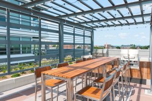 Rooftop Gardens with Grills and a long table and chairs under a trellis