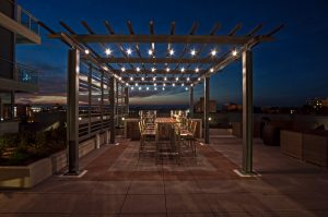 Rooftop Gardens with Grills and a long table and chairs under a trellis at night
