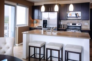 A luxury furnished apartment kitchen at Ovation