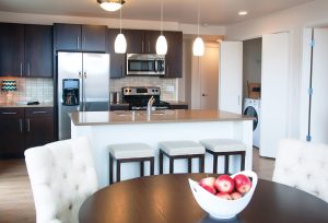A luxury furnished apartment kitchen at Ovation