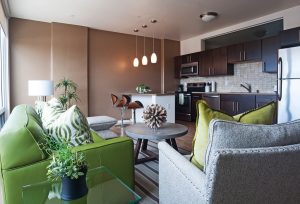 A luxury furnished apartment living room and open kitchen at Ovation