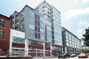 Exterior of a tall, glass building